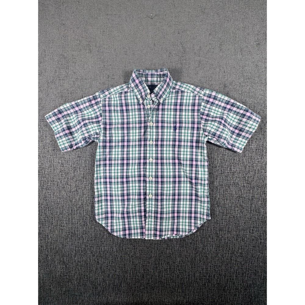 Ralph‎ Lauren Boys Green Pink Plaid Short Sleeve Button up Cotton Shirt Sz 8-10